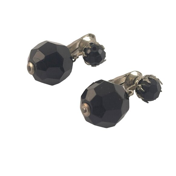 Western Germany Vintage Black Faceted Glass Clip-On Earrings 1950s - Picture 6 of 7